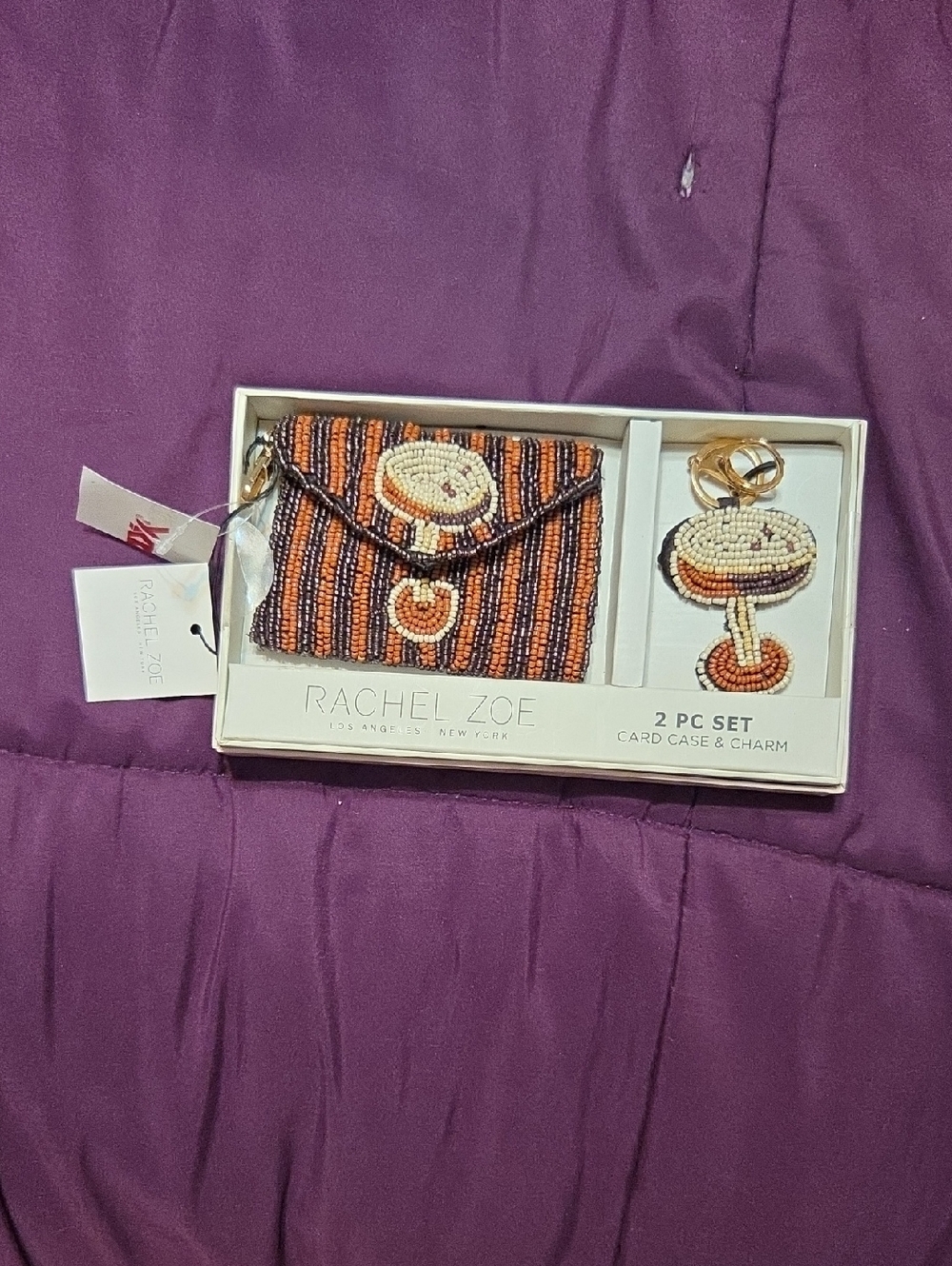 Rachel Zoe Beaded Card Case & Charm Set - Orange, Black, Cream
